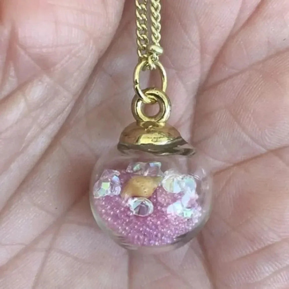 Light Pink Glass Globe Seashell Conch Crystal 14k Gold Station Chain Necklace - Picture 1 of 6